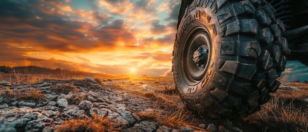 Una robusta gomma di un veicolo fuoristrada si erge da sola nel deserto sullo sfondo di un drammatico tramonto