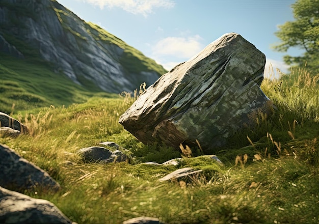 una roccia è su un campo coperto di erba nello stile di reso in cinema4d