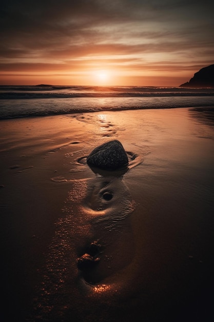 Una roccia sulla spiaggia al tramonto con il sole che tramonta dietro di essa.