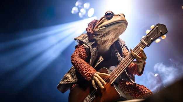 Una rock star rospo che elettrizza il palco con una chitarra elettrica