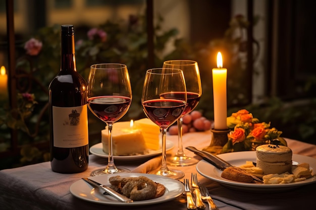 Una romantica cena italiana con bicchieri di vino