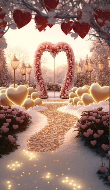 Una romantica passeggiata sulla neve con arco a cuore