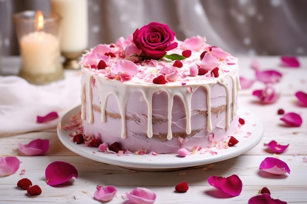 Una romantica torta rosa fatta in casa decorata con petali di rosa Illustrazione AI generativa