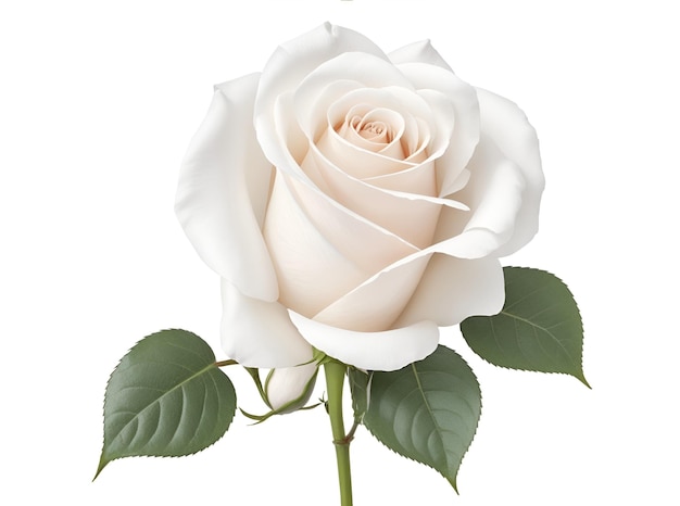 una rosa bianca con il gambo verde e lo sfondo bianco