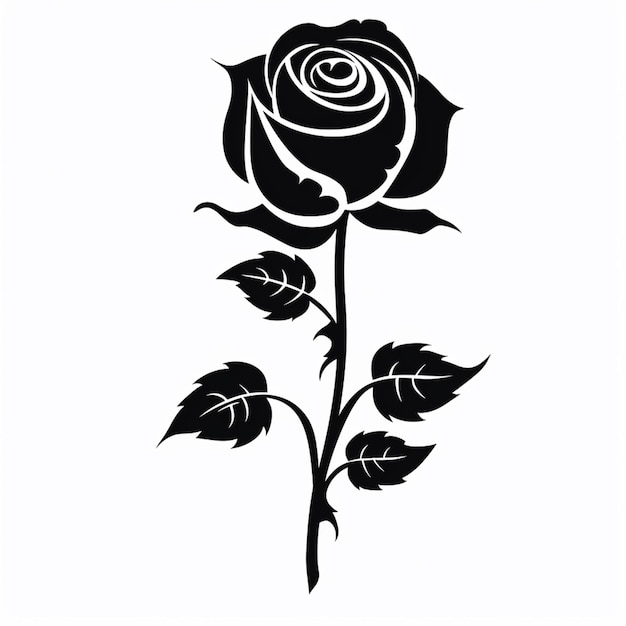 una rosa bianca e nera con foglie su uno stelo generativo ai