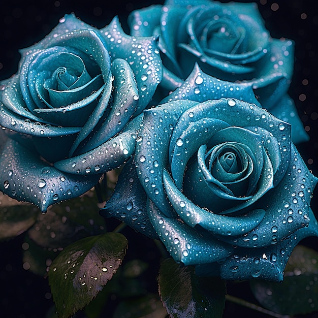 Una rosa blu con gocce d'acqua su di essa