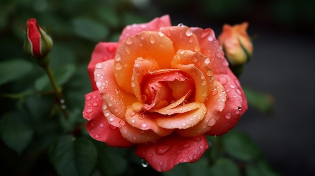 Una rosa con gocce d'acqua su di essa