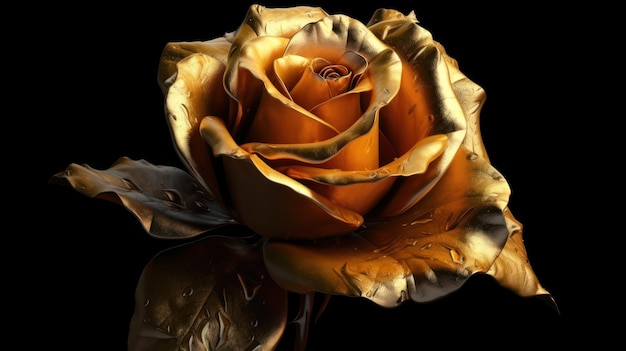 Una rosa d'oro è mostrata con uno sfondo nero.
