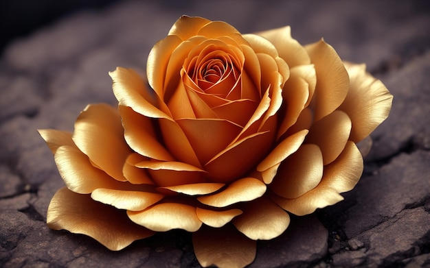 Una rosa d'oro è su una roccia con uno sfondo nero.