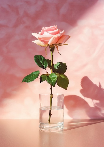 Una rosa è in un bicchiere d'acqua su un tavolo.