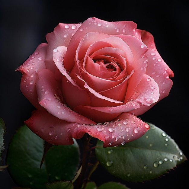 una rosa è mostrata sotto la pioggia con le foglie