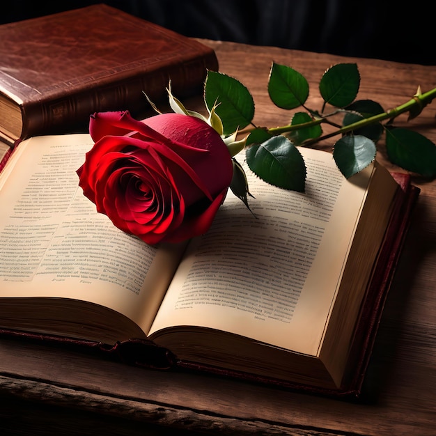 una rosa è su un libro che è aperto