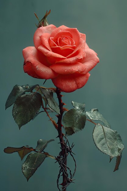 Una rosa fotorealista con il gambo sostituito da filo spinato Fotografia di prodotto a luce singola Toni pastello ar 23 stilizzare 1000 v 6 Job ID 29df3ca32a2244948d7bd1c84fb1a73b