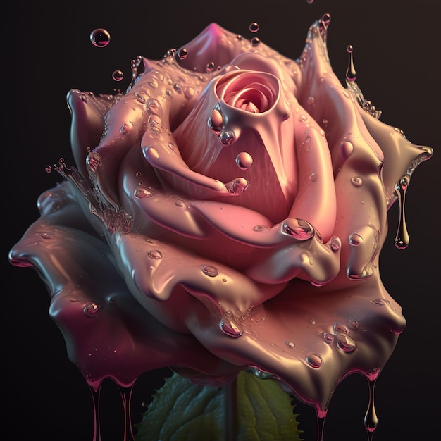 Una rosa rosa con del liquido che gocciola su di essa e la parola "su di essa"