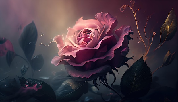 Una rosa rosa con foglie su uno sfondo scuro IA generativa