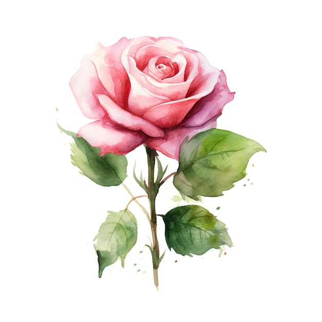 Una rosa rosa con foglie verdi e uno sfondo bianco