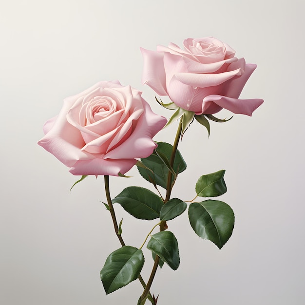 una rosa rosa con foglie verdi e uno sfondo bianco