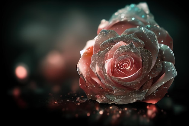 Una rosa rosa con gocce d'acqua su di essa