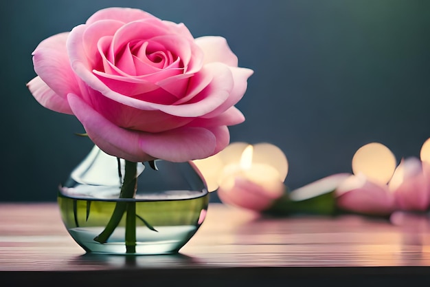 Una rosa rosa si trova in un vaso di vetro su un tavolo con candele sullo sfondo.
