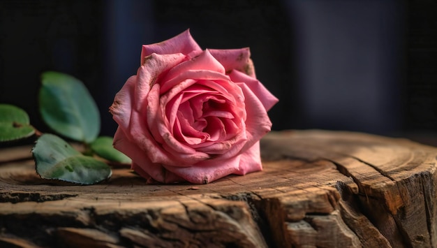 Una rosa rosa su un ceppo di legno