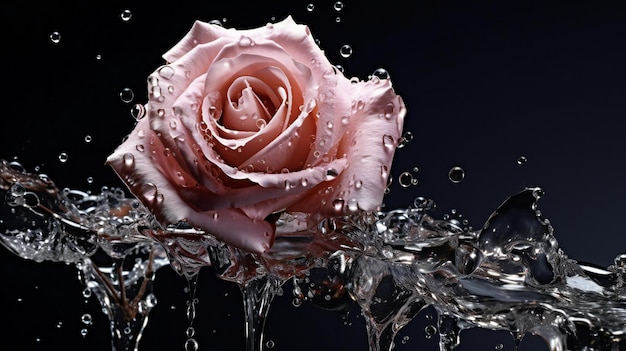 una rosa rosa viene spruzzata d'acqua