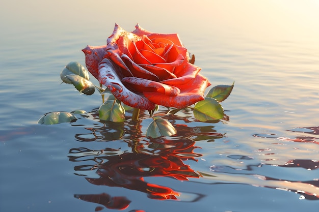 Una rosa rossa che galleggia nell'acqua