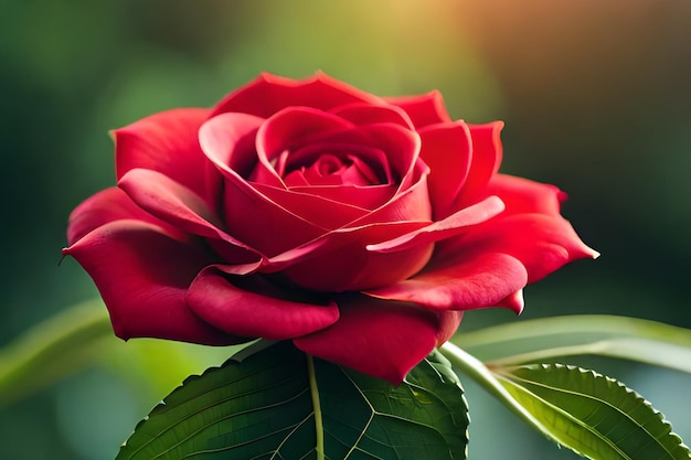 Una rosa rossa con foglie verdi e uno sfondo verde