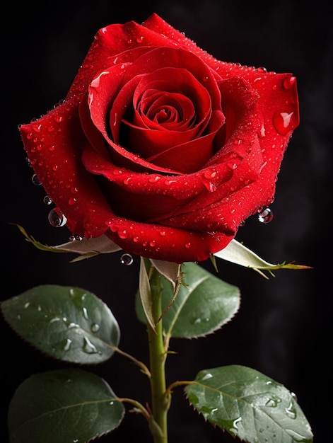 una rosa rossa con gocce d'acqua sopra e gocce d'acqua sopra.