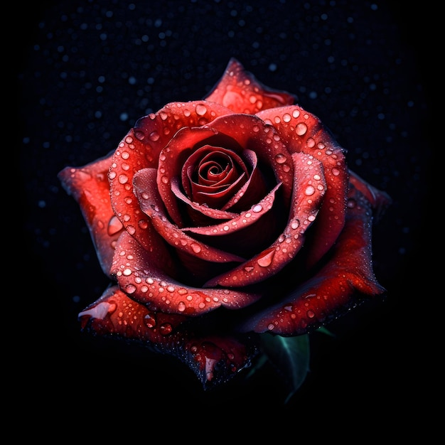 Una rosa rossa con gocce d'acqua sopra