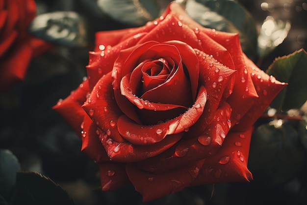 una rosa rossa con gocce d'acqua su di essa