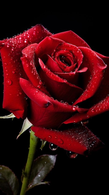 Una rosa rossa con gocce d'acqua su di essa