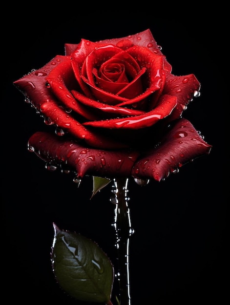 Una rosa rossa con gocce d'acqua su di essa