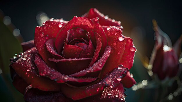 Una rosa rossa con gocce d'acqua su di essa