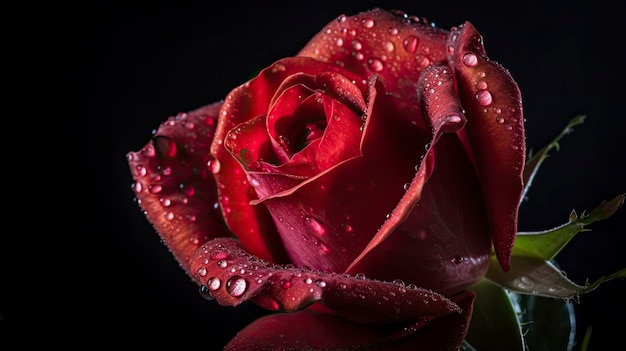Una rosa rossa con gocce d'acqua su di essa