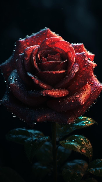 Una rosa rossa con gocce d'acqua su di essa