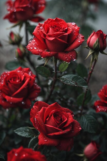 una rosa rossa con gocce d'acqua su di essa
