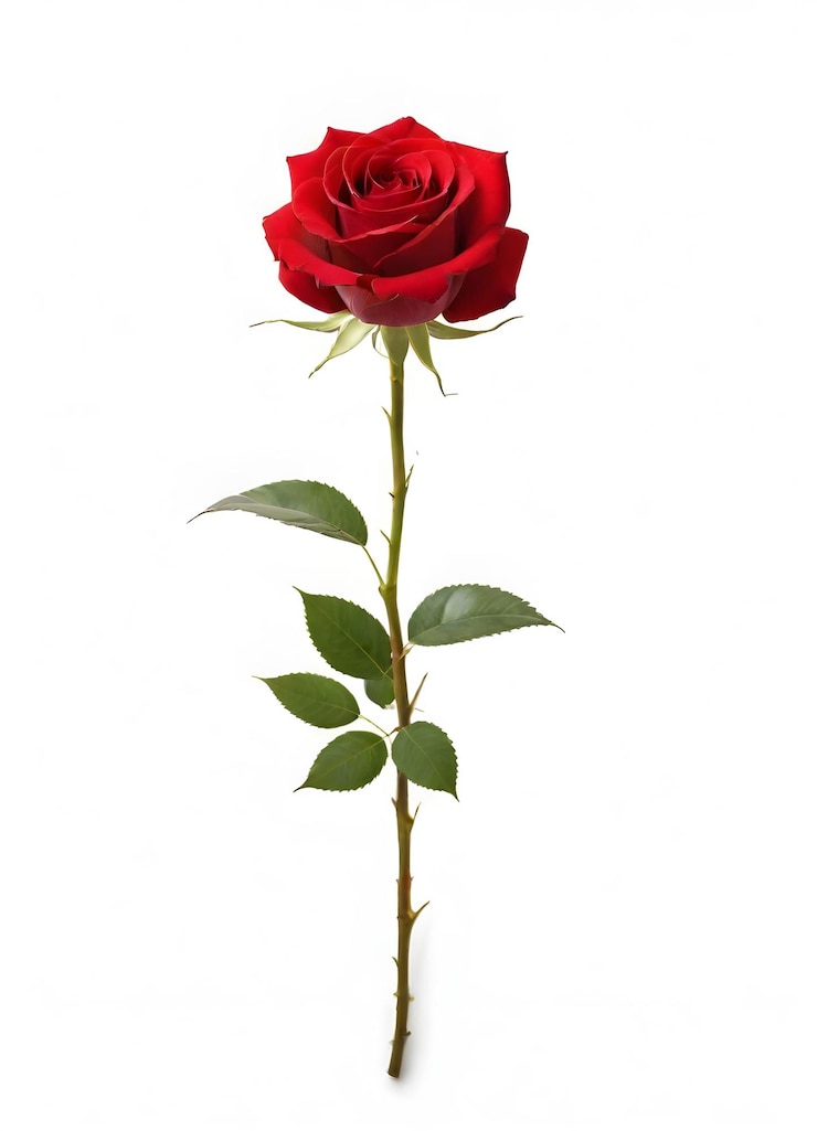 Foto una rosa rossa con il gambo verde e la rosa rossa isolata su un fondo bianco