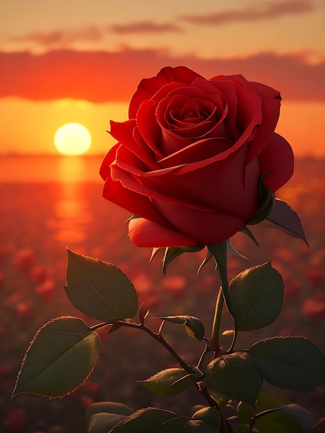 Una rosa rossa con il tramonto delle foglie sullo sfondo