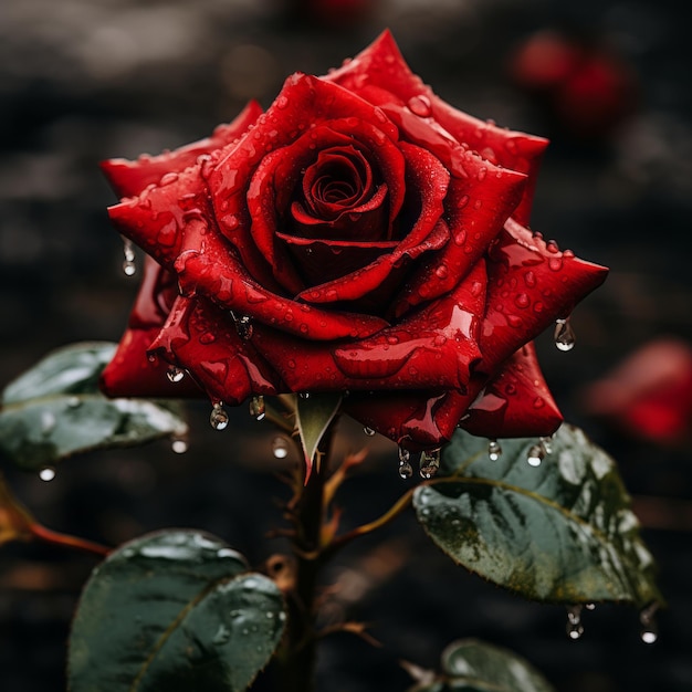 una rosa rossa con sopra delle gocce d'acqua