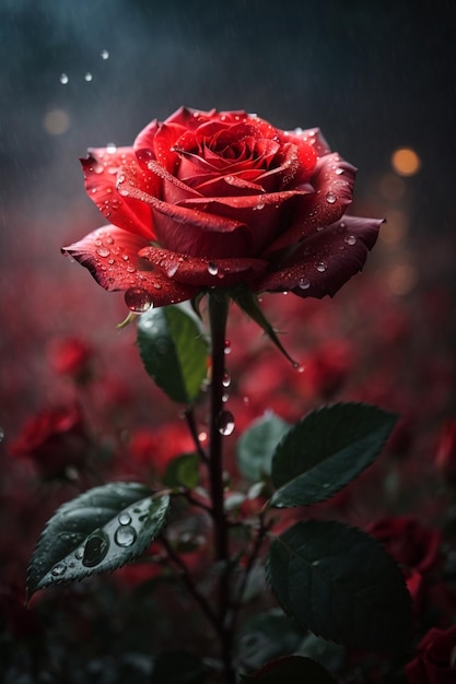 una rosa rossa con sopra delle gocce d'acqua