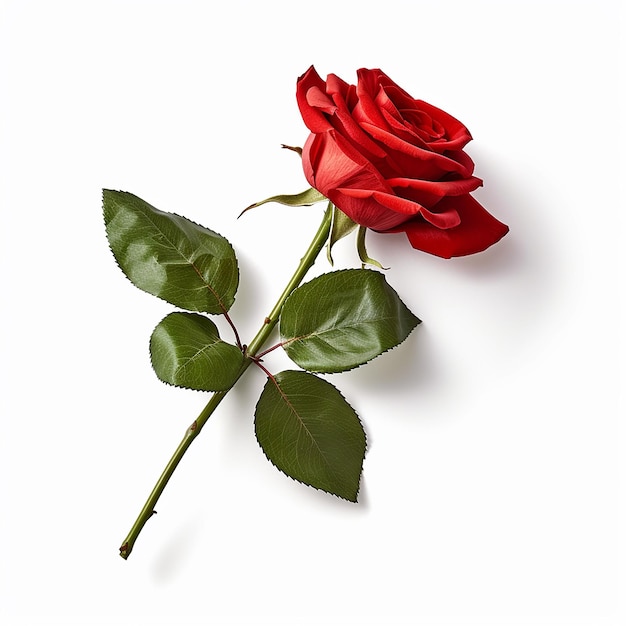 Una rosa rossa con sopra una foglia verde