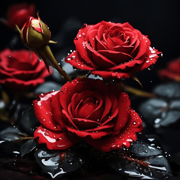 Una rosa rossa con spruzzi d'acqua e gocce isolate Generative Ai
