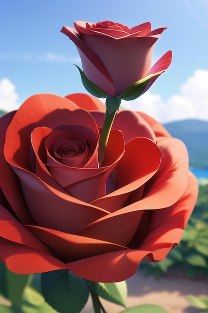 Una rosa rossa è davanti a un cielo blu.