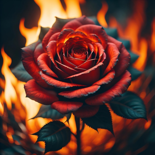 Una rosa rossa è davanti al fuoco.