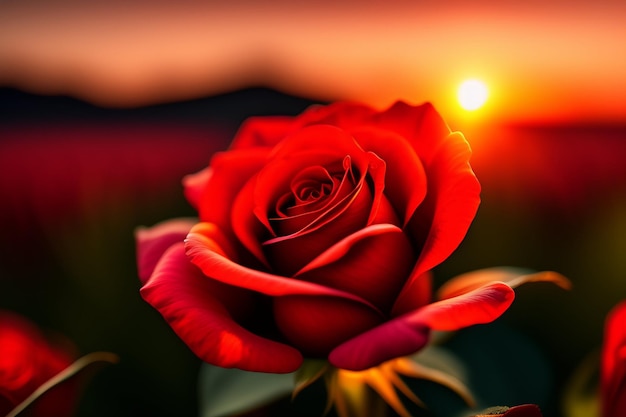 Una rosa rossa è in primo piano di un tramonto.