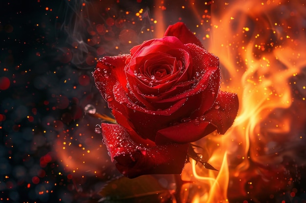 una rosa rossa è nel fuoco ed è sullo sfondo