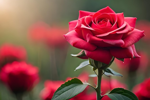 Una rosa rossa è sullo sfondo di uno sfondo sfocato.