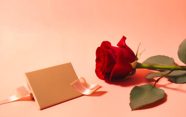 Una rosa rossa e una carta regalo su uno sfondo rosa