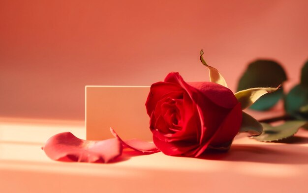 Una rosa rossa e una carta regalo su uno sfondo rosa