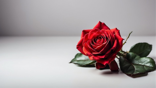 una rosa rossa nell'angolo dello spazio di copia sullo sfondo bianco isolato